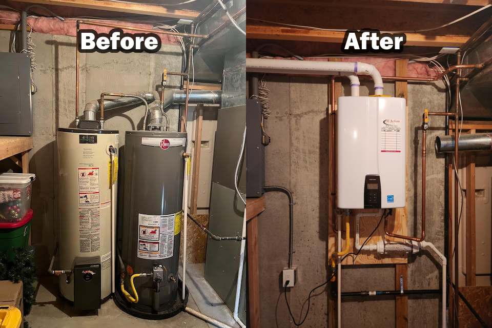 A before and after photo of a tankless water heater replacement